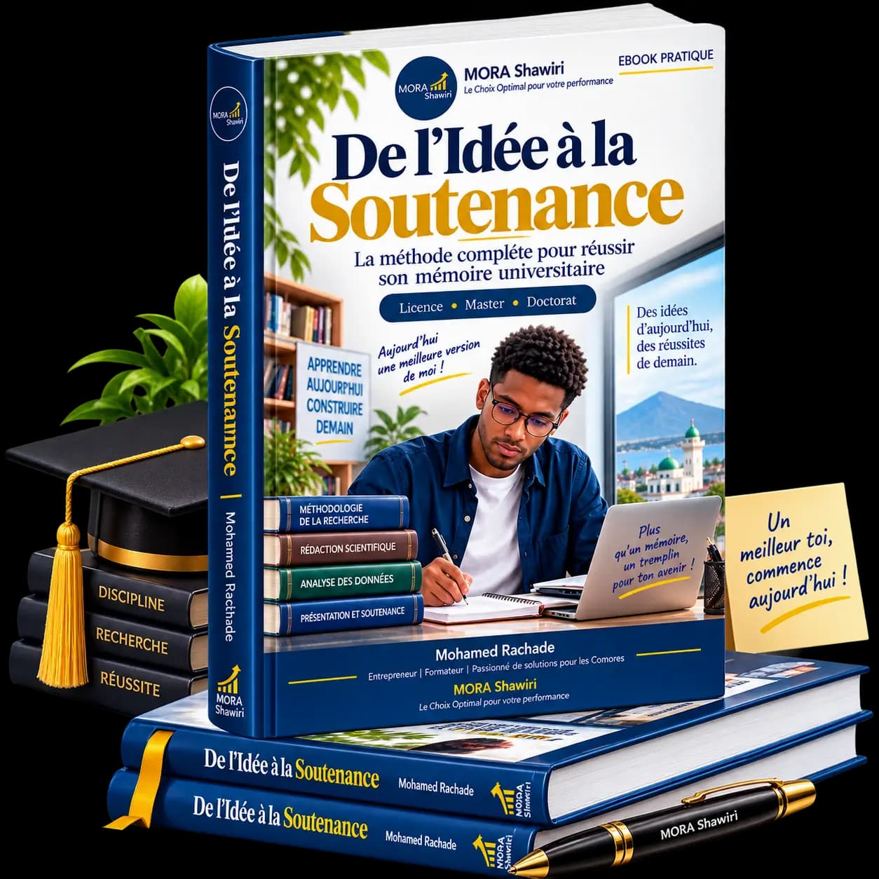 Couverture du guide « De l’Idée à la Soutenance » de Mohamed Rachade, posée sur une pile de livres avec un carnet et un stylo MORA Shawiri